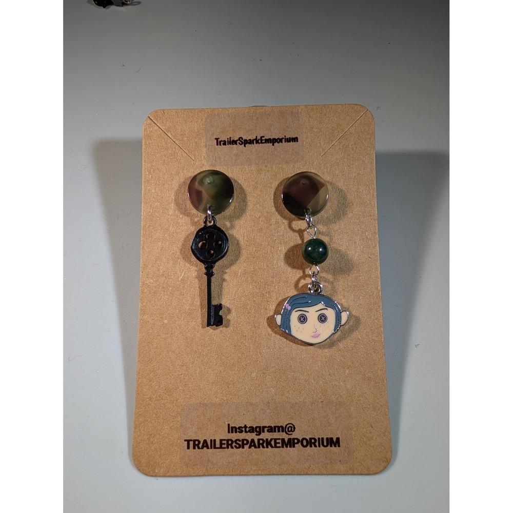 Coraline Mismatched Earrings Skeleton Key Button Eyes Nickel Free Handmade Charm